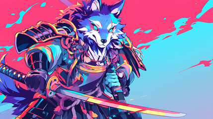 Cute wolf wearing Japanese samurai armor, cool poses, cute kawaii, simple, smiling happy. high quality, neon psychedelic background