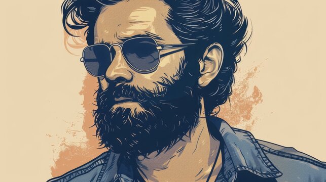 A vibrant, retro pop art illustration of a bearded man in sunglasses, featuring bold color contrasts and a stylized design.