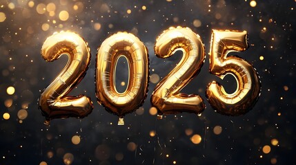 Glittering Golden 2025 New Year Balloons with Sparkling Confetti on Dark Background