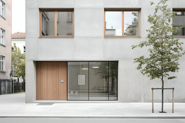 Minimalistic Office Building Facade with Large Glass Windows and Simple Design