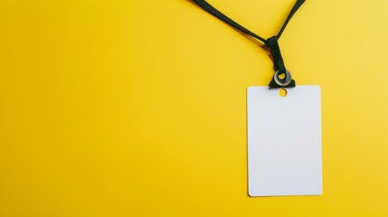 White blank ID card with a black lanyard resting on a vibrant yellow background, perfect for customization.