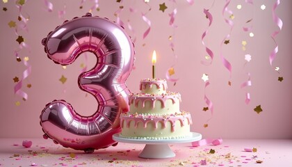 Number 3rd Birthday Balloon Celebration Cake, Adorned with Sparkling Confetti, Stars, Glitters, and Streamer Ribbons for a Festive Atmosphere
