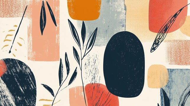 Abstract Botanical  Pattern:  A  sophisticated  design  featuring  organic  shapes  and  leaves  in  a  muted  color  palette,  perfect  for  modern  interior  design  or  fashion  projects. 