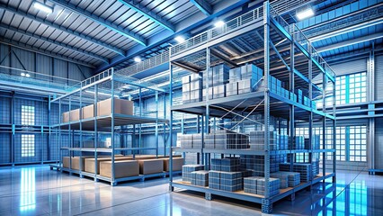 Modern industrial warehouse interior with metal shelving and crates, showcased in a 3D wireframe model with a sleek, futuristic blue and grey color scheme.