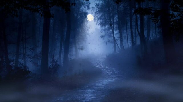 Mysterious scary dark forest with dark branches tree, Gothic horror spooky forest motion animation video background