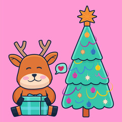 Vector Illustration of Cute Reindeer Hugging A Gift Box. Christmas tree decorations.