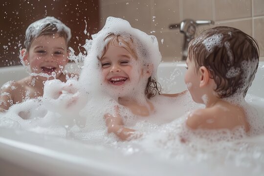 Siblings engaged in a foam fight in the bathtub, creating shapes and patterns with the bubbles, capturing a lively and joyful bath time activity