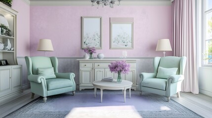 Interior of a cozy living room in fresh spring colors, pink and light green