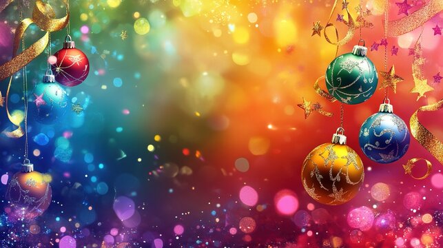 Colorful Christmas Celebration: A vibrant and festive backdrop with sparkling Christmas ornaments and confetti, capturing the spirit of the holiday season. perfect for holiday greetings, invitations, 