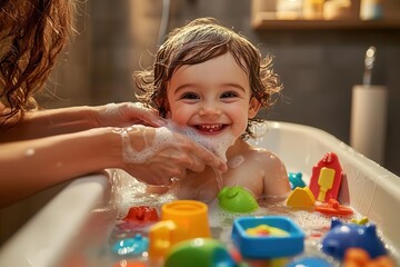 A parent gently washing a smiling toddler in a bathtub filled with colorful bath toys, the warm bathroom lighting creating a nurturing and tender moment