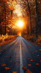 the sun rising in the middle of a road surrounded by yellow bushes