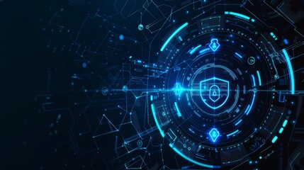 Futuristic digital interface displaying cybersecurity elements with a glowing shield icon. Ideal for themes related to data protection, technology, and network security.