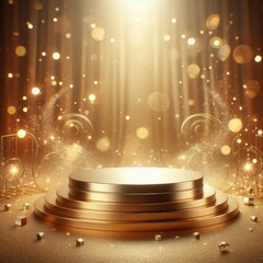 Empty golden podium for banner product presentation with glitter light effects decorations and bokeh
