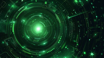 Obraz premium High-tech digital interface in vibrant green hues, featuring concentric circles and futuristic elements. Ideal for technology and innovation themes.