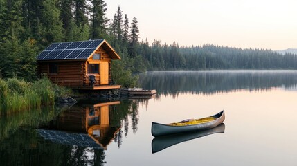 Obraz premium Tranquil Lakeside Retreat with Eco-Friendly Cabin, Solar Panels, and Canoe Docked â€“ Serene Nature Getaway