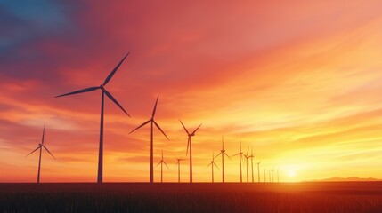 Golden Hour Glow: Scenic Wind Turbine Field at Sunset Promoting Renewable Energy and Environmental Conservation