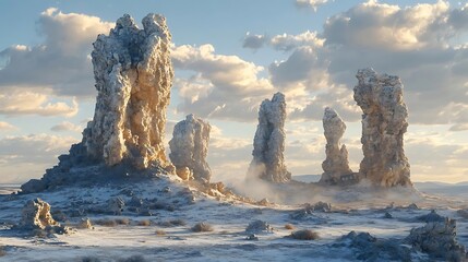 Snowy Desert Landscape with Towering Rock Formations - 3D Illustration