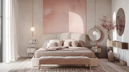 Warm and cozy modern bedroom with soft pastel pink and beige decor