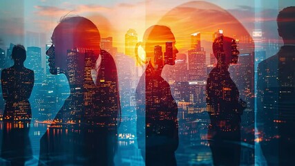Imaginative city skyline with silhouettes of businesspeople against a soft background. Collaboration, collaboration, and the idea of success. picture with tones. twofold exposure - Powered by Adobe