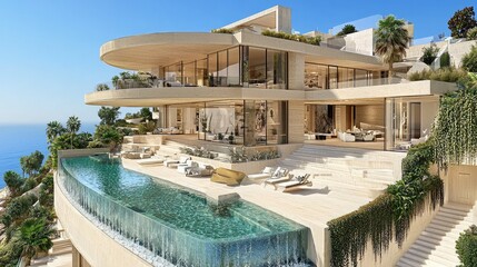 Fototapeta premium Luxurious modern villa with infinity pool and ocean view
