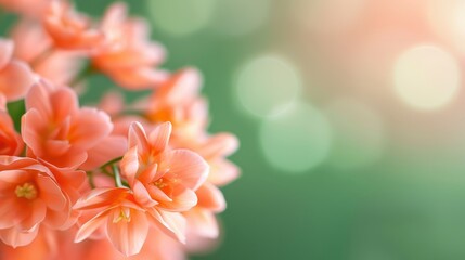 Fototapeta premium Delicate Peach Blossoms, vibrant peach flowers softly illuminated against a dreamy green background, evoking a sense of tranquility and gentle beauty in nature.