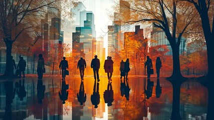 Imaginative city skyline with silhouettes of businesspeople against a soft background. Collaboration, collaboration, and the idea of success. picture with tones. twofold exposure - Powered by Adobe