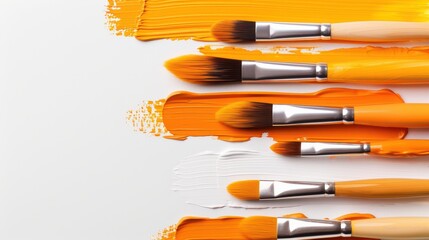 Vibrant orange paint strokes with brushes, showcasing creativity and artistic tools, bright hues blending with clean whites, perfect for art enthusiasts and projects.