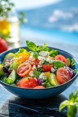 Fresh Greek Salad with Feta Cheese and Olives on a Sunny Outdoor Table