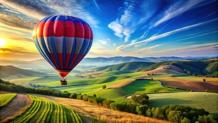 Fototapeta premium Retro-style hot air balloon soars above a rolling hills landscape, its vibrant red and blue stripes and burners radiant against a bright blue sunny sky.