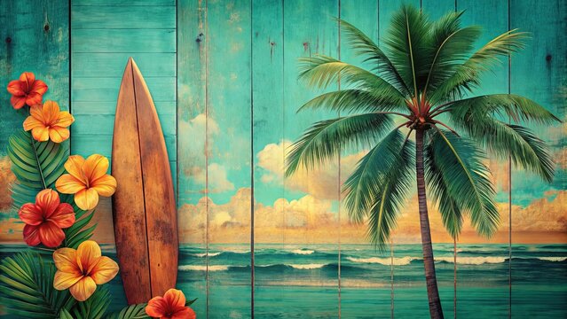 Retro color palette depicts a serene Hawaiian landscape with swaying palm trees, hibiscus flowers, and a distressed wooden surfboard against a faded turquoise background.