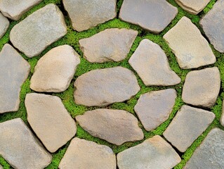 Obraz premium Textured pathway of natural stones surrounded by vibrant green moss in a serene garden setting