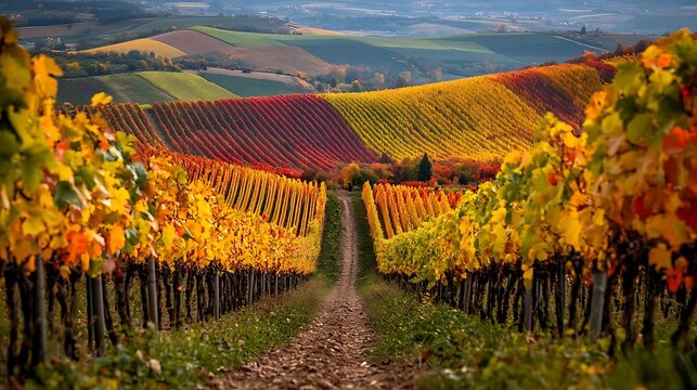 Autumn Vineyard Landscape - A Path Through Rows of Colorful Vines