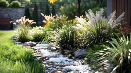 A serene garden scene featuring lush plants and a gentle stream with rocks.