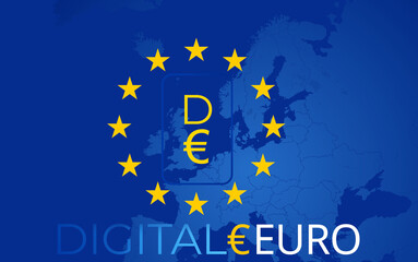background creative abstract of the Digital Euro as D€ of the European Union, EU, Europe, blue yellow background