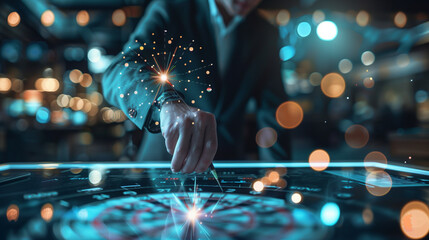 "Precision in the Digital Age: Businessman Targets Success with Virtual Darts"
"Strategic Aims: Businessman Focuses on Virtual Dartboard for Business Goals"