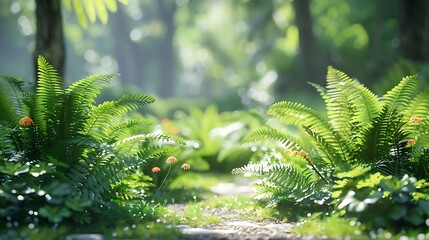 A serene forest scene with lush ferns and vibrant flowers, inviting tranquility and connection to nature.