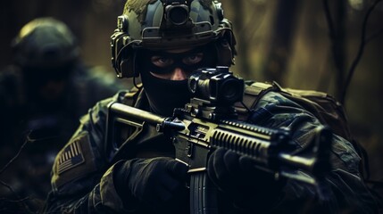 Soldiers in combat gear with camouflage paint on faces and rifles moving through jungle