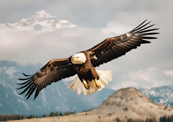 Fototapeta premium Majestic Bald Eagle in Flight Over Snowy Mountains