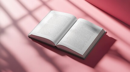Fototapeta premium Open book on pink background with light and shadow, highlighting the contrast and interplay of colors and shapes in a minimalist design.