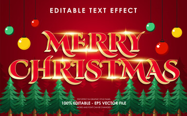Editable Merry Christmas Text Effect with a Christmas tree and decorations in the background, with lens flare gold effect, suitable for a Christmas theme design