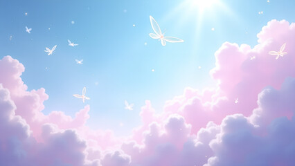 Fototapeta premium A heavenly sky full with ethereal misty fluffy clouds with sparkles
