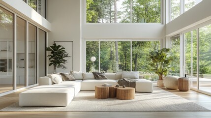 Fototapeta premium modern minimalist living room with natural light , neutral color palette minimalist living room , modern minimalist living room , open floor plan , neutral color palette