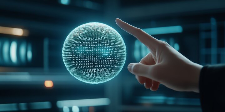 A digital sphere made of binary code floats in the air, surrounded by data streams and cyberpunk