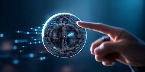 A digital sphere made of binary code floats in the air, surrounded by data streams and cyberpunk