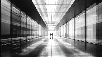 Modern office building glass corridor with silhouettes of people, capturing the sleek and futuristic design of a contemporary workplace.