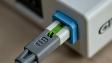 A connector is being plugged into a device, highlighting the detailed design and engineering of the connection point. The vibrant colors emphasize its functionality and usability