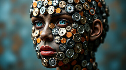 A person is adorned with batteries  covering their face, highlighting artistic expression. The vibrant blue eyes stand out against the metallic texture, creating a striking contrast