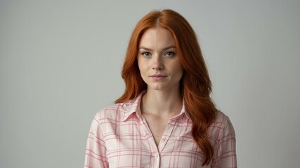 teen stunning red hair white woman with pink shirt model portrait standing straight on a plain white background for ad concept space for text