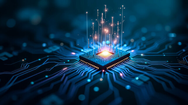 A detailed depiction of a microchip at the center, surrounded by vibrant, glowing data streams that highlight advancements in technology and computing
