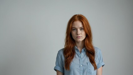 Fototapeta premium teen stunning red hair white woman with blue shirt model portrait standing straight on a plain white background for ad concept space for text
